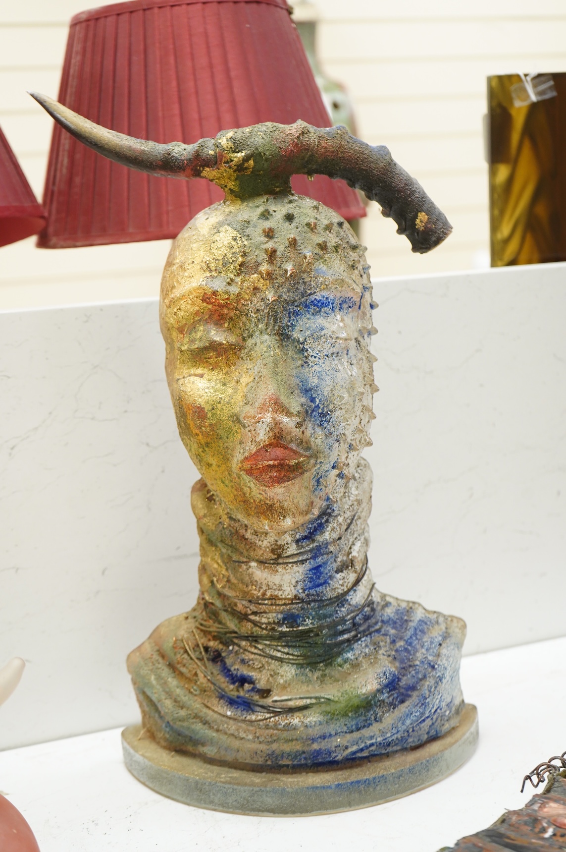 Sylvia Belanger, coloured sand cast studio glass bust of a lady-49cm high.